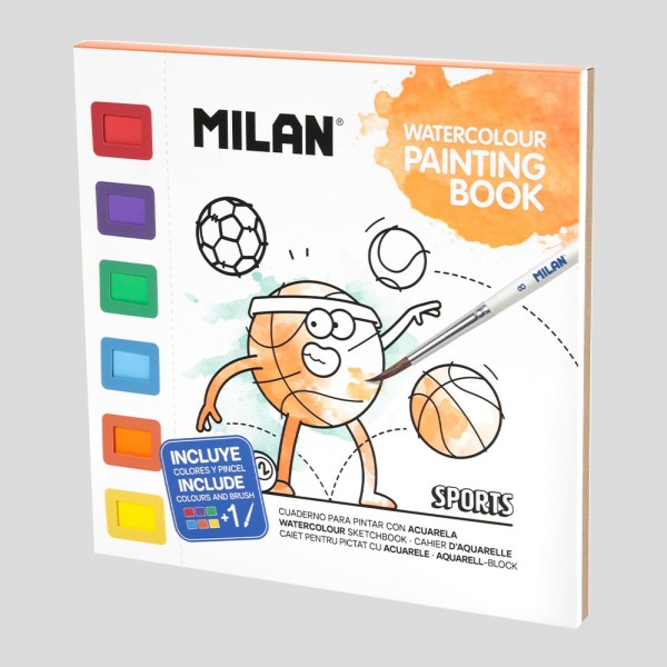 Cuaderno colorear, con acuarelas y pincel, sports